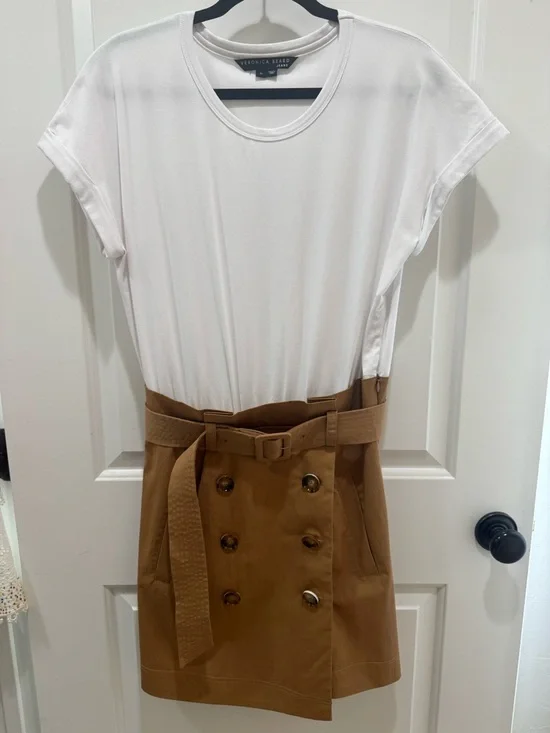 Veronica Beard Melany Mixed Media White and Tan High-Waist Belted Mini Dress - Picture 8 of 13